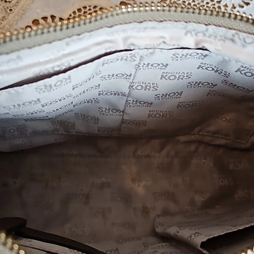 Michael Kors Millbrook Signature MK Brown Tan Jacquard Leather Shoulder Hobo Bag - Picture 10 of 12